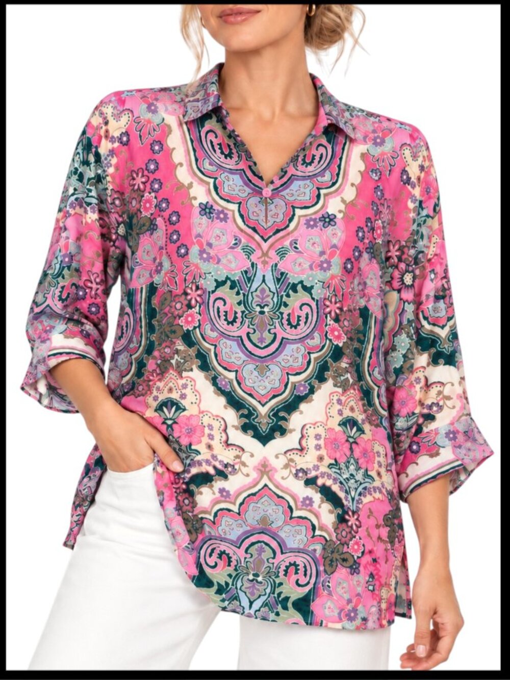Johnny Was Marlow Burnout Blouse Pink Teal Floral Silk Blend L